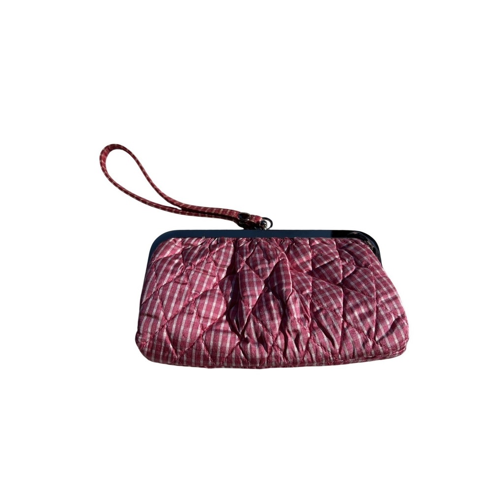 Vera Bradley Pink Gingham Quilted Silk Kiss Lock Wristlet Clutch Bag Pink White